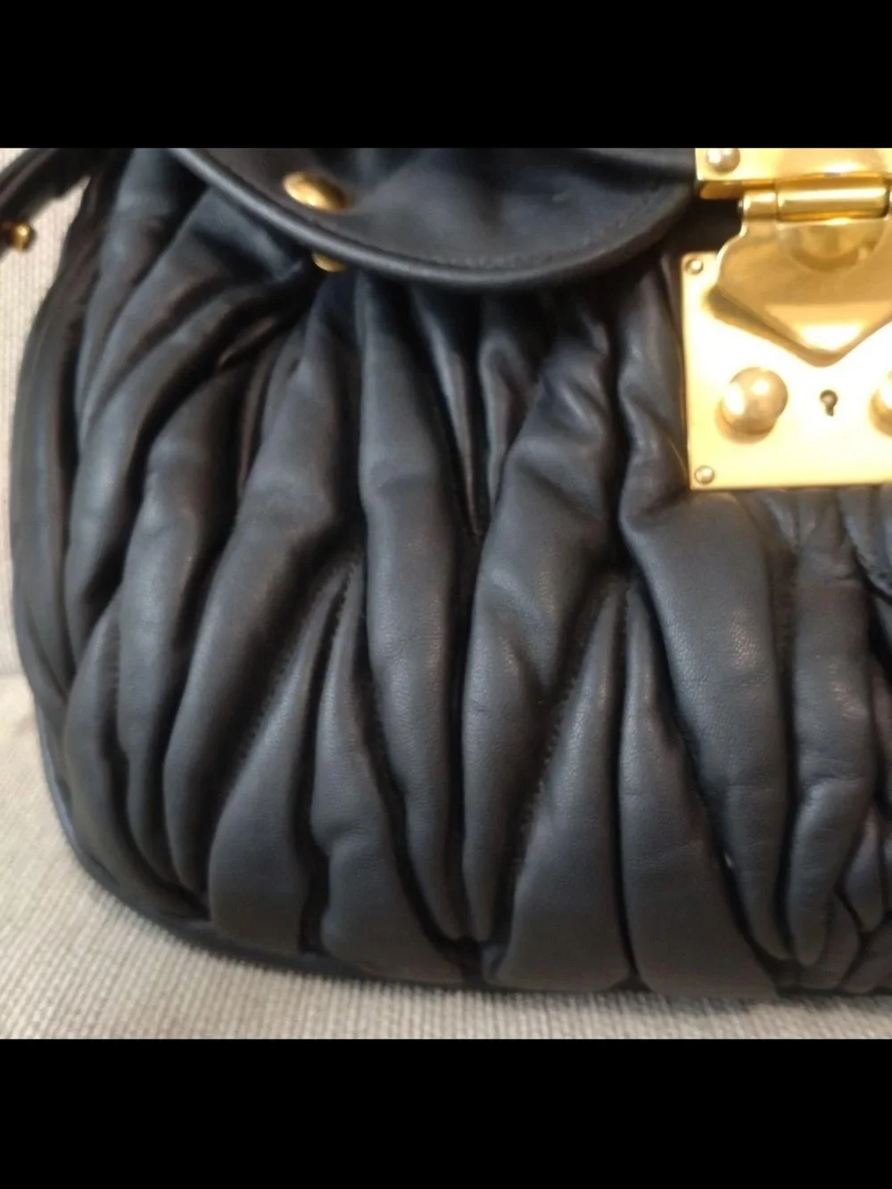 Miu Miu Black Ruched Leather Shoulder Bag with Gold Hardware